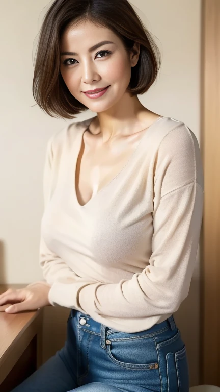 (highest quality,8k,masterpiece),
日本人Mature Woman,40 years,Mature Woman,Pure white skin, Tabletop、Top view from chest、
Full breasts、 Beige crew neck knit、Light blue denim pants、Short Bob、
,A gentle smile、A gaze that seduces viewers、In-house offices、