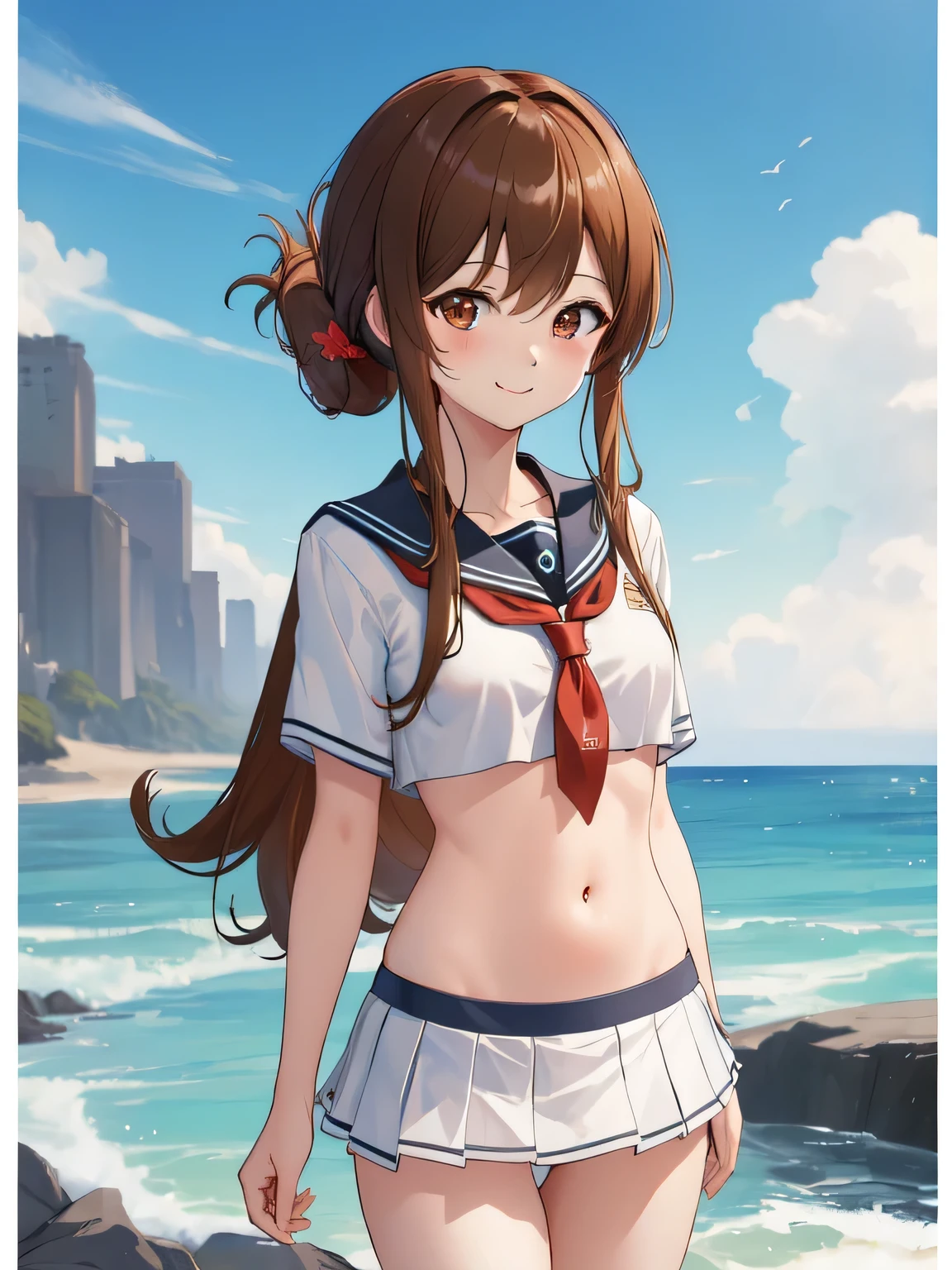 (masterpiece, highest quality:1.2),figure,8K,hd,1 girl,alone,Brown_hair,folded_ponytail,Brown_eye,serafuku,length_hair,School_uniform,（(The lower body is a white bikini)）,smile、Are standing、facing forward