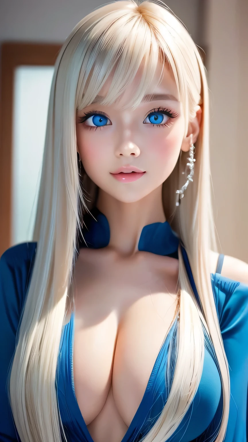 Extraordinary sexy beauty、Beautiful, A kind and bright expression、Sexy and refreshing look、Perfect beautiful pretty face、Super long ponytail、bangs over eyes、Hair on the face、Super long, naturally straight platinum blonde hair with a mysterious shine、Beautiful facial hair、Very cute beautiful sexy young little woman、So perfect and beautiful, pretty face、Big Breasts, Very beautiful, bright blue eyes,、Very white, youthful and bright skin、Small Face Beauty、Round face