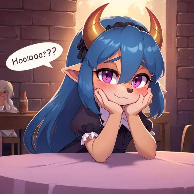 Oni mobian, blue hair, long hair, toned, gothic Lolita, magenta eyes, red horns, pointed ears, blushing, hand on cheek, table