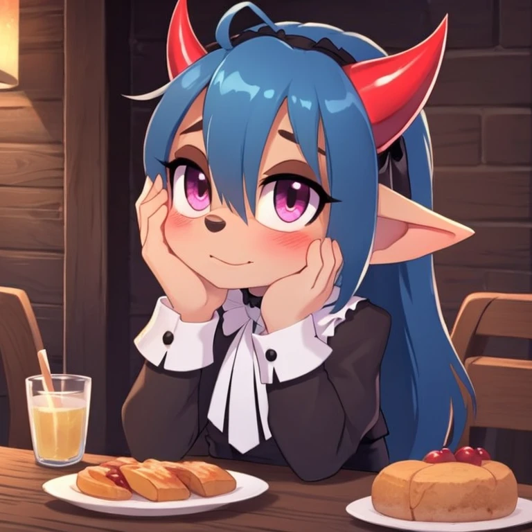 Oni mobian, blue hair, long hair, toned, gothic Lolita, magenta eyes, red horns, pointed ears, blushing, hand on cheek, table