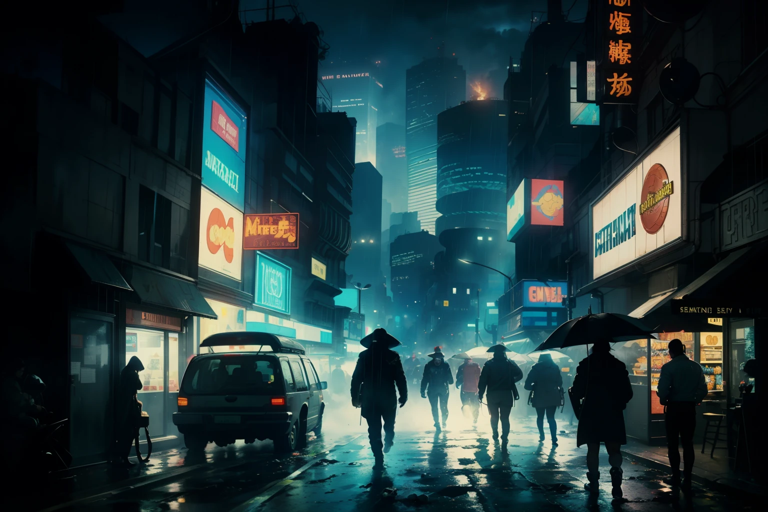 ((highest quality)), ((masterpiece)), (be familiar with), (High definition), (Accurate), (Realistic), (Cinematic), (Best Shadow), (Low contrast), (8K), Perfect Face, ((SYD MEAD style)), manga、mangaデザイン、Storyboard、Panel layout、(Sleeping Woman:1.1), (Replicant), (Replicant), ((Black Hair, very short hair, Blue Eyes)), (Black hooded raincoat), (Crouched in a corner of the ruins)、Glittering neon signs、congestion, congestion, Decadent Future City, NEO TOKYO, A.D.2051, (steam:1.2), It's raining white, evening,