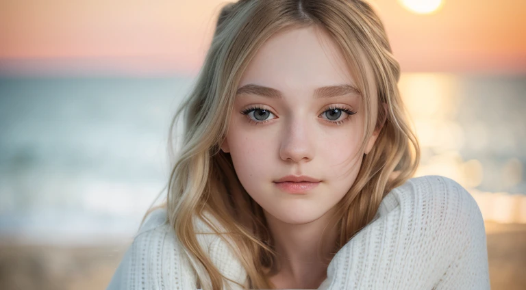 a beautiful woman, on the beach at midnight, white knitted sweater, waves in the background, moonlight, raw, 8k, uhd, upper body, (close up, headshot), [smiling]