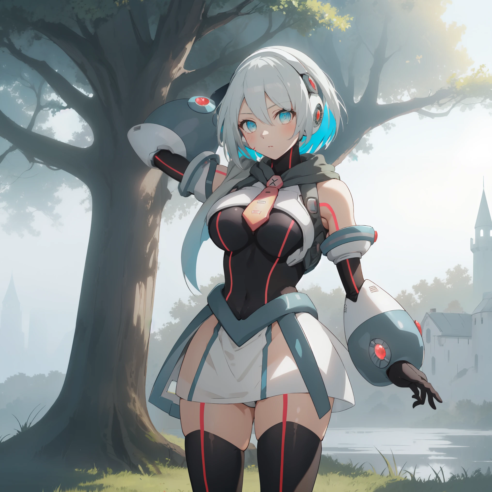 ico_megamanxdive, 1girl, blue eyes, solo, white hair, android, large breasts, black gloves, short hair, thighhighs, necktie, high quality, masterpiece, standing next to a swamp and castle surrounded by mist, outdoors, tree, solo, from behind, bird, facing away, scenery