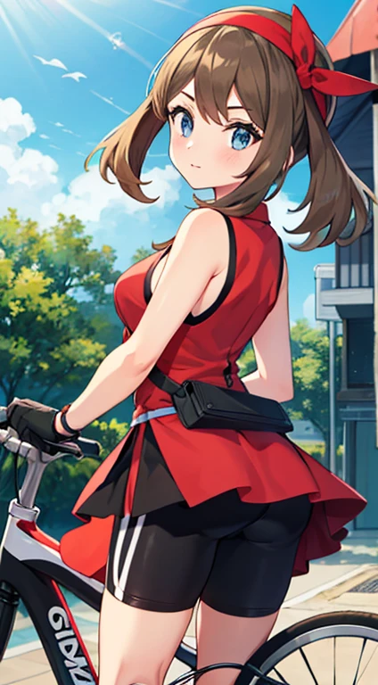 ,may \(pokemon\), bandana, shirt, skirt, bike shorts, gloves, fanny pack,1girl,bike shorts,brown hair,eyelashes,grey eyes,leg hold,looking at viewer,medium breasts,sleeveless shirt,red shirt,bike shorts under shorts,blue eyes,red hairband,white shortssolo,