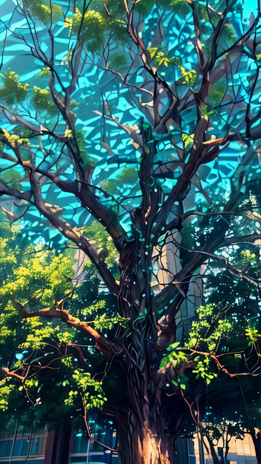 Close-up of a tree，There is a bird&#39;s nest in the tree, Branches，luxuriant，Tech style，Metallic wind，