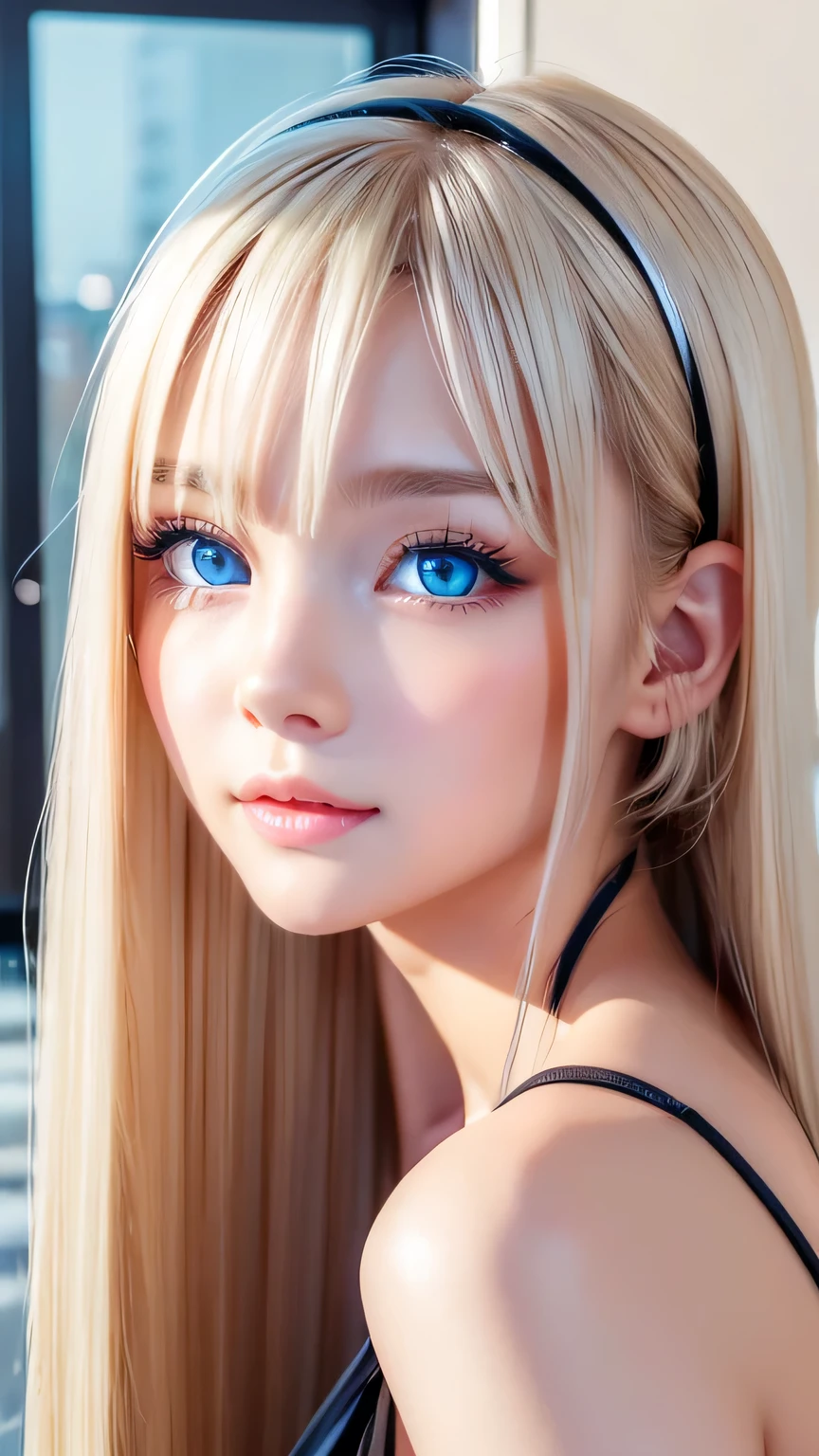 Extraordinary sexy beauty、Beautiful, A kind and bright expression、Sexy and refreshing look、Perfect beautiful pretty face、Super long ponytail、bangs over eyes、Hair on the face、Super long, natural platinum blonde straight hair with a mysterious shine、Beautiful facial hair、Very cute beautiful sexy young little woman、So perfect and beautiful, pretty face、Big Breasts, Very beautiful, bright blue eyes,、Very white, youthful and bright skin、Small Face Beauty、Round face