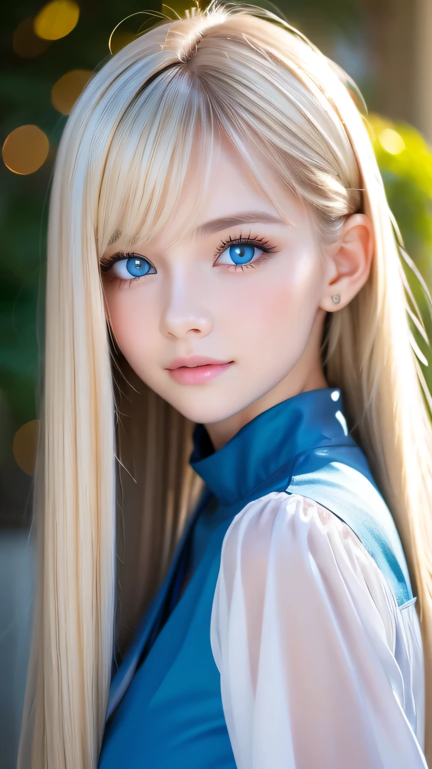 Extraordinary sexy beauty、Beautiful, A kind and bright expression、Sexy and refreshing look、Perfect beautiful pretty face、Super long ponytail、bangs over eyes、Hair on the face、Super long, natural platinum blonde straight hair with a mysterious shine、Beautiful facial hair、Very cute beautiful sexy young  woman、So perfect and beautiful, pretty face、Big Breasts, Very beautiful, bright blue eyes,、Very white, youthful and bright skin、Small Face Beauty、Round face