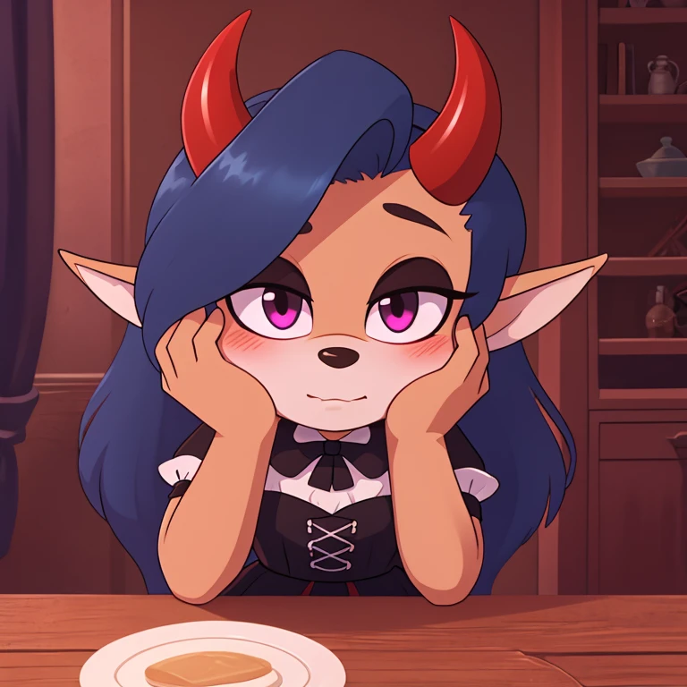 Oni mobian, blue hair, long hair, toned, gothic Lolita, magenta eyes, red horns, pointed ears, blushing, hand on cheek, table