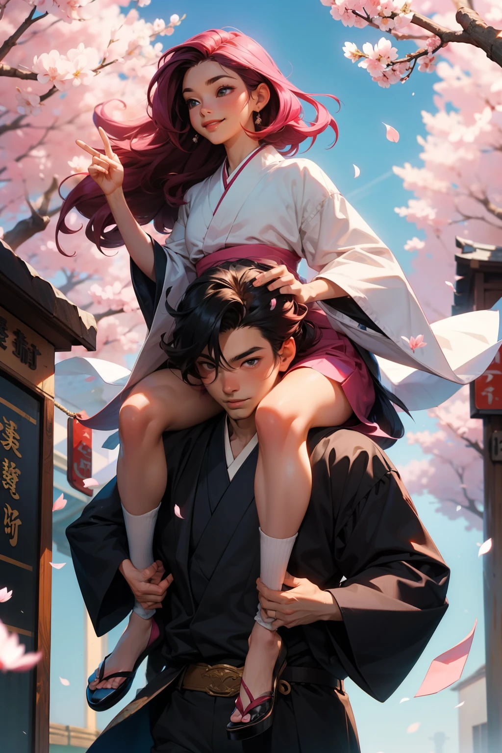 obra maestra, of the highest quality, high resolution, una (chica de pelo largo y rosa) y un (chico con el cabello largo y negro oscuro) dynamic pose, a boy in elegant clothes carrying a girl on his back with long pink hair and elegant black clothes making a sign of peace and love, They both smile and the background is a Japanese-style city with falling sakura flowers., y un hermoso cielo azul claro