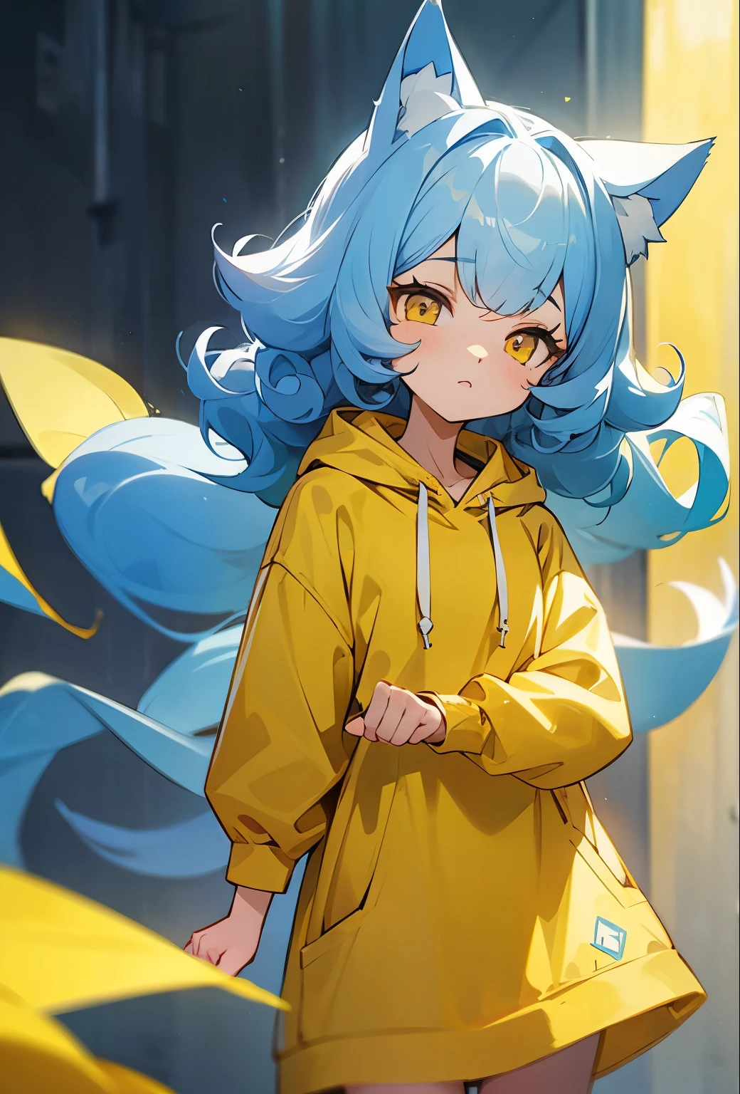 Yellow Eyes、Light blue hair、Natural curls、long、Cat ear、Girl、Yellow hoodie dress、cute