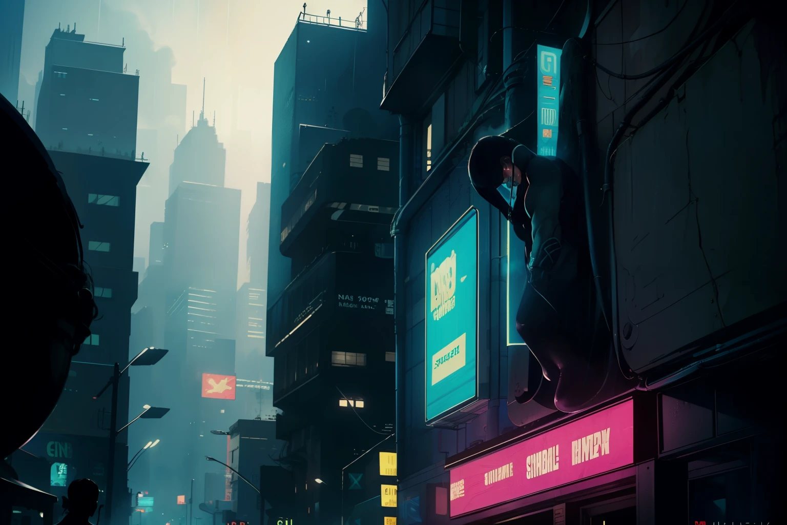 ((highest quality)), ((masterpiece)), (be familiar with), (High definition), (Accurate), (Realistic), (Cinematic), (Best Shadow), (Low contrast), (8K), Perfect Face, ((SYD MEAD style)), manga、mangaデザイン、Storyboard、Panel layout、(Sleeping Woman:1.1), (Replicant), (Replicant), ((Black Hair, very short hair, Blue Eyes)), (Black hooded raincoat), (Crouched in a corner of the ruins)、Glittering neon signs、congestion, congestion, Decadent Future City, NEO TOKYO, A.D.2051, (steam:1.2), It's raining white, evening, 