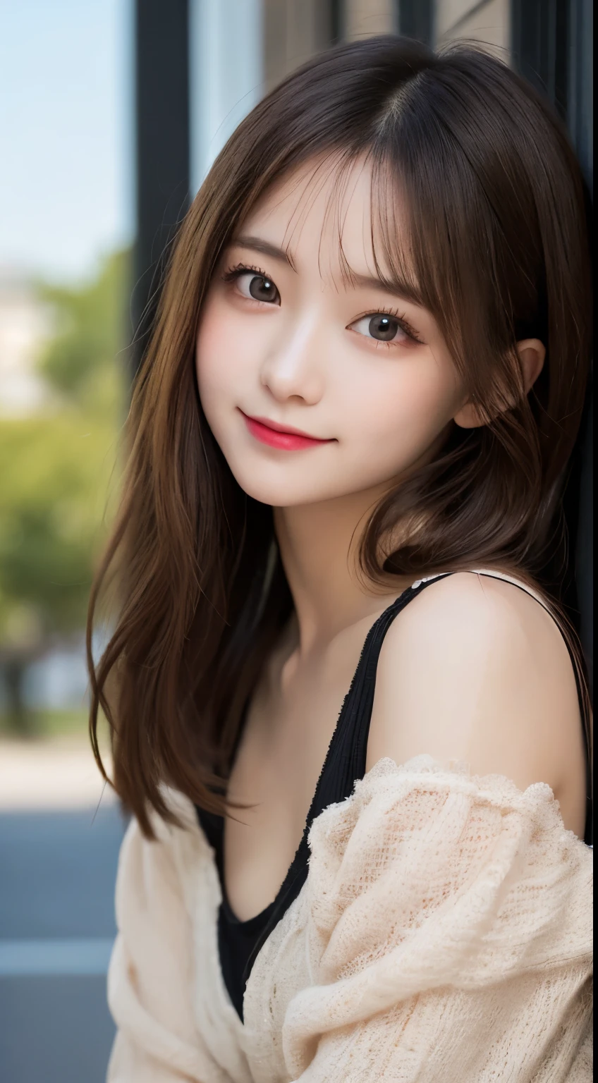 Tabletop, highest quality, shape, Very detailed, finely, High resolution, 8k wallpaper, 完璧なダイナミックな構shape, Beautiful and detailed, Straight hair, Small breasts, Natural color lip, Random sexy poses,smile,20-year-old girl、Midnight、Beautiful and dense face、Perfect and beautiful face,Big eyes、RAW Photos、Beautiful and detailed、Small face、Beautiful Duplex、Slim face and figure,Beautiful golden ratio face、Cute girly casual dress(black)、Please make a cute face、Harajuku、Blurred Background