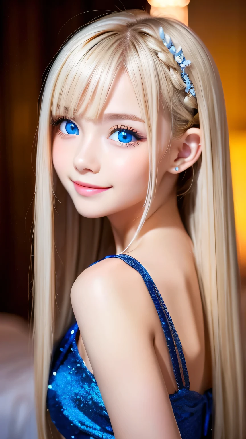 Extraordinary sexy beauty、Beautiful, A kind and bright expression、Sexy and refreshing look、Perfect beautiful pretty face、Super long ponytail、bangs over eyes、Hair on the face、Super long, natural platinum blonde straight hair with a mysterious shine、Beautiful  hair、Very cute beautiful sexy young little woman、So perfect and beautiful, pretty face、Big Breasts, Very beautiful, bright blue eyes,、Very white, youthful and bright skin、Small Face Beauty、Round face