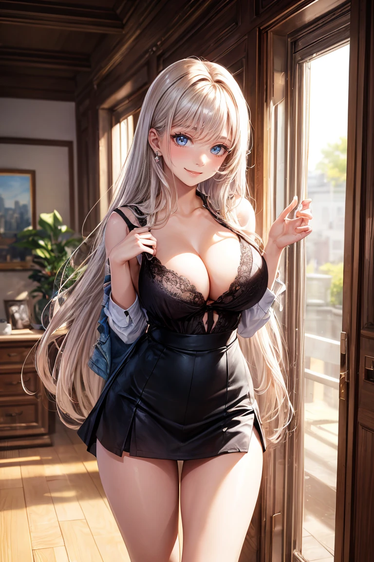 ((A beautiful and lovely woman is changing clothes)), ((22-year-old beauty)), ((Shy smile)), ((long shiny hair)), ((Full breasts)),Cleavage, ((mini skirt)), ((Women's shirts)), ((Gradient eyes)), ((Background is the city night scene)), Charming makeup, Single view, nffsw, UHD, Retina, masterpiece, precise, Anatomically, Correct, textured skin, Super Detail, High Detail, high quality, The award-winning, top quality, high resolution, 1080p, HD, 4K, 8k, 16K
