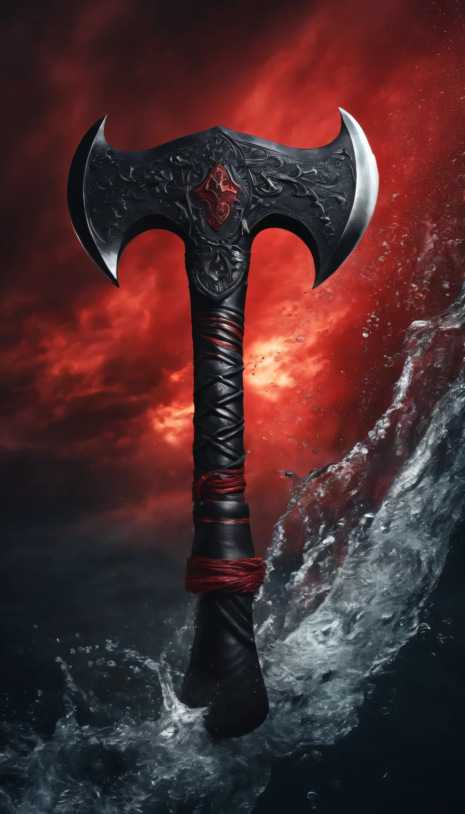 (Outstanding、Professional、Surreal)、Detailed black red axe, Metallic magical texture, Lying under water with charming aurap, weapon.