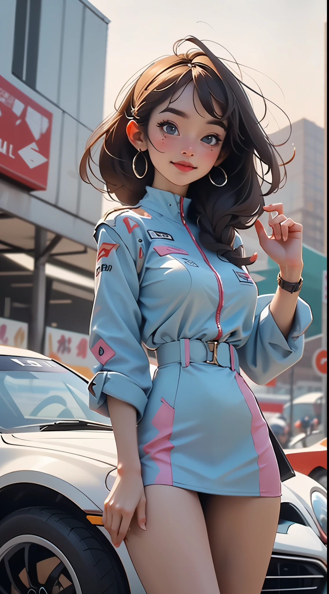 Anime girl in blue dress, oppai, biomechanical oppai,  in dress, oppai proportions, Ecchi, Big breasts!!, with a big chest, pixiv 3dcg, Big breasts!, (SFW) safe for work, Ecchi anime style, Beasts, Seductive Anime Girl, 1girl huge large breasts,、((top-quality)), ((​masterpiece)), A smile, Pitch Resuit, Colossal , Puffy nipple, knee high, Naughty face, knee high　white, Adult Woman, (cum in vaginas:1.3), cum in mouth, (Overflowing G-string:1.5), Sobbing tears, short-cut, Check mini skirt, l, Race Queen, A slender, masterpaintings, best qualtiy, Photorealsitic, ultra-detailliert, (shiny skins, perspired:1.4), Watch the crowd, With short black hair, Brown-eyed, slender, dynamic light and shadow, hight resolution, Sharp Focus, depth of view, The eyes are delicate, Sharp pupils, pupil realistic, (Colossal tits), A slender, (thick thight), outside of house, Skysky, Tight skirt, Short skirt, Grid Girl, underboob, Wet_Clothes, Wear the grid_Girl costume printed with sponsor's logo, (Stand in a motorsport race)+, left hand on waist