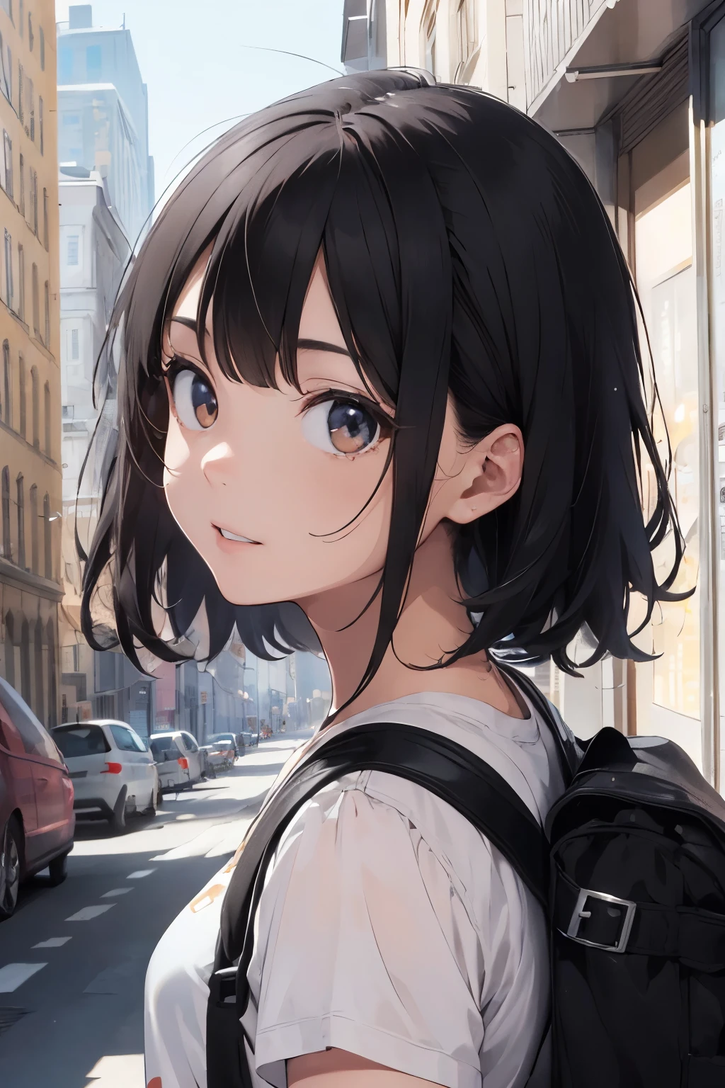 ((best quality)), ((masterpiece)), (detailed), perfect face, black hair, white eyes, city, backpack