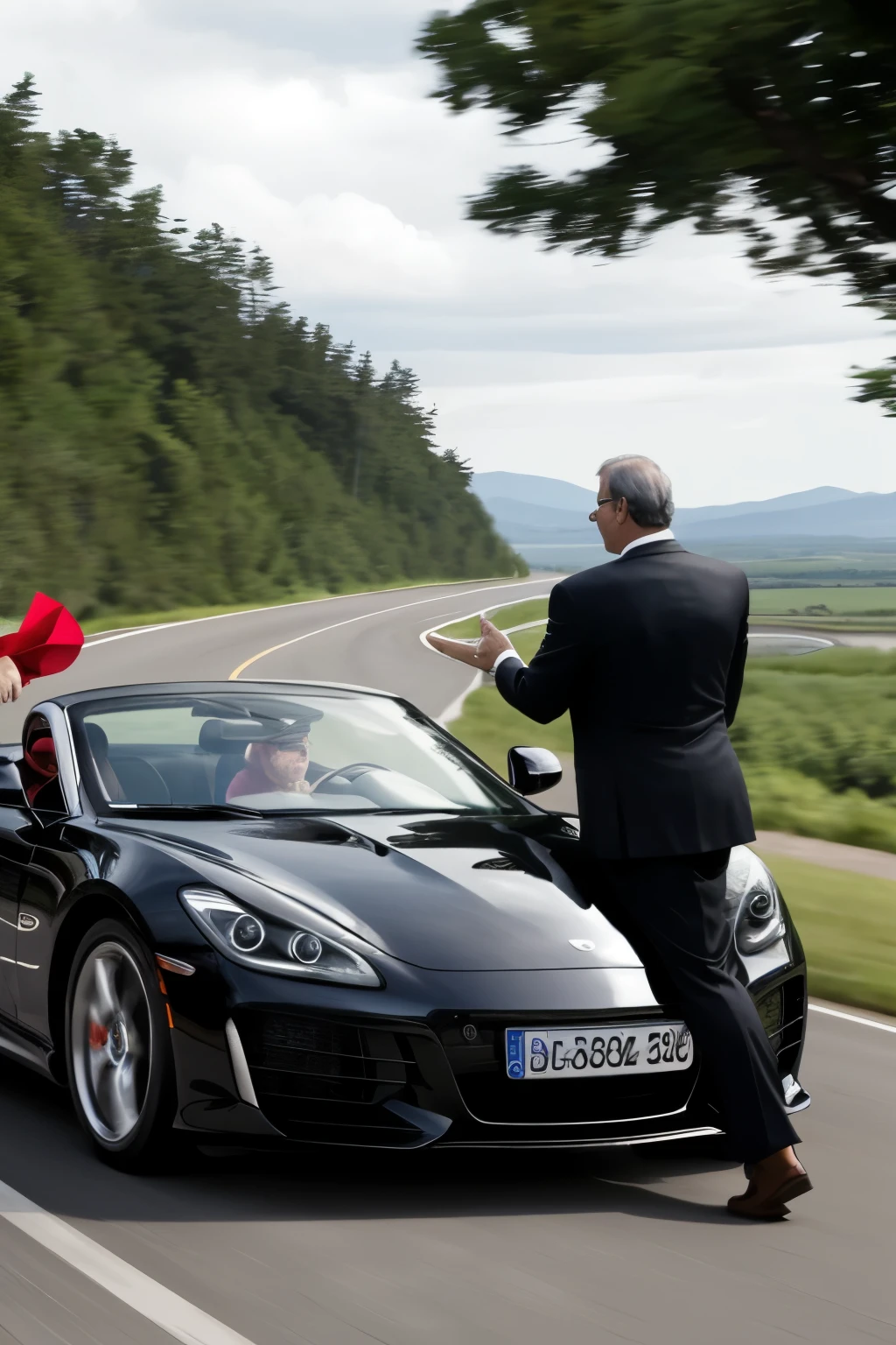 2 rich guys are driving in an expensive car for a road trip. And on their way out of the car, large sums of money are blowing in the wind