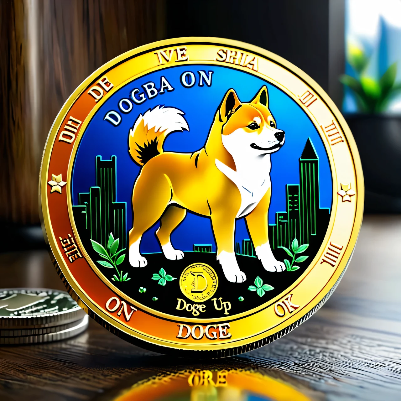 Design of a colored metal coin, come up with a design of a metal coin for DOGE COINS with the image of A Shiba Inu and the attributes of fictional money, the inscription "1 DOGE COIN" and "DOGGY BANK", intricate, detailed, complex, fine work, filigree, show the front and back view, depict it as a technical sheet with the concept of the coin