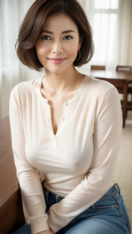 (highest quality,8k,masterpiece),
日本人Mature Woman,40 years,Mature Woman,Pure white skin, Tabletop、Top view from chest、
Full breasts、 Beige crew neck knit、Light blue denim pants、Random hairstyle、
,A gentle smile、A gaze that seduces viewers、Living room at home、