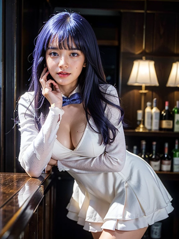 (1 lady), (Best quality at best:1.4), (ultra - detailed), (extremely detailed CG unified 16k), A Beautiful Woman with Perfect Figure: 1.4, Sharp Focus: 1.2, purple hair, very detailed, High-definition RAW color photo, professional photoshooting, amazing face and eyes, cosmetics, (amazingly beautiful girl), ((frederica bernkastel)), ((dress, bowtie, mary janes, socks)), standing, (Dark and stylish bar, drinks, lamp lights, lamp lights:1.3), (look from down), realistic cinematic face, close up, portrait, photorealistic, ((realistic natural purple hair style, purple eyes)), gorgeous, extremely beautiful face, perfect model beauty, pout mouth, Highly Detailed Face and Skin Texture, Detailed Eyes, Double Eyelids, Big Breasts, Smile, flirting smile, cleavages, western, (masterpiece), best quality, high resolution, extremely detailed, blurred background, depth of field, cinematic lighting, amazing legs, high heels, clear and well-cared skin,
