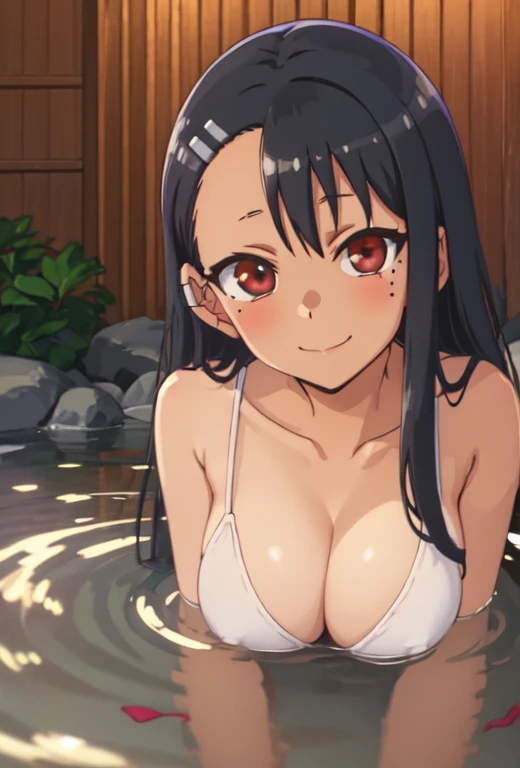 best quality, masterpiece, highres, solo, (nagatoro_hayase_donttoywithmemissnagatoro:1.10), 1girl, anime coloring, mole under eye, red eyes, looking at viewer, parody, portrait, smile, closed mouth, anime_style, 11, full body, sexy body, perfect body, large breasts, onsen