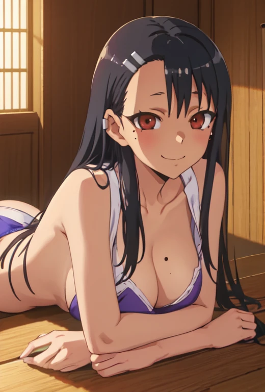 best quality, masterpiece, highres, solo, (nagatoro_hayase_donttoywithmemissnagatoro:1.10), 1girl, anime coloring, mole under eye, red eyes, looking at viewer, parody, portrait, smile, closed mouth, anime_style, 11, full body, sexy body, perfect body, large breasts, onsen