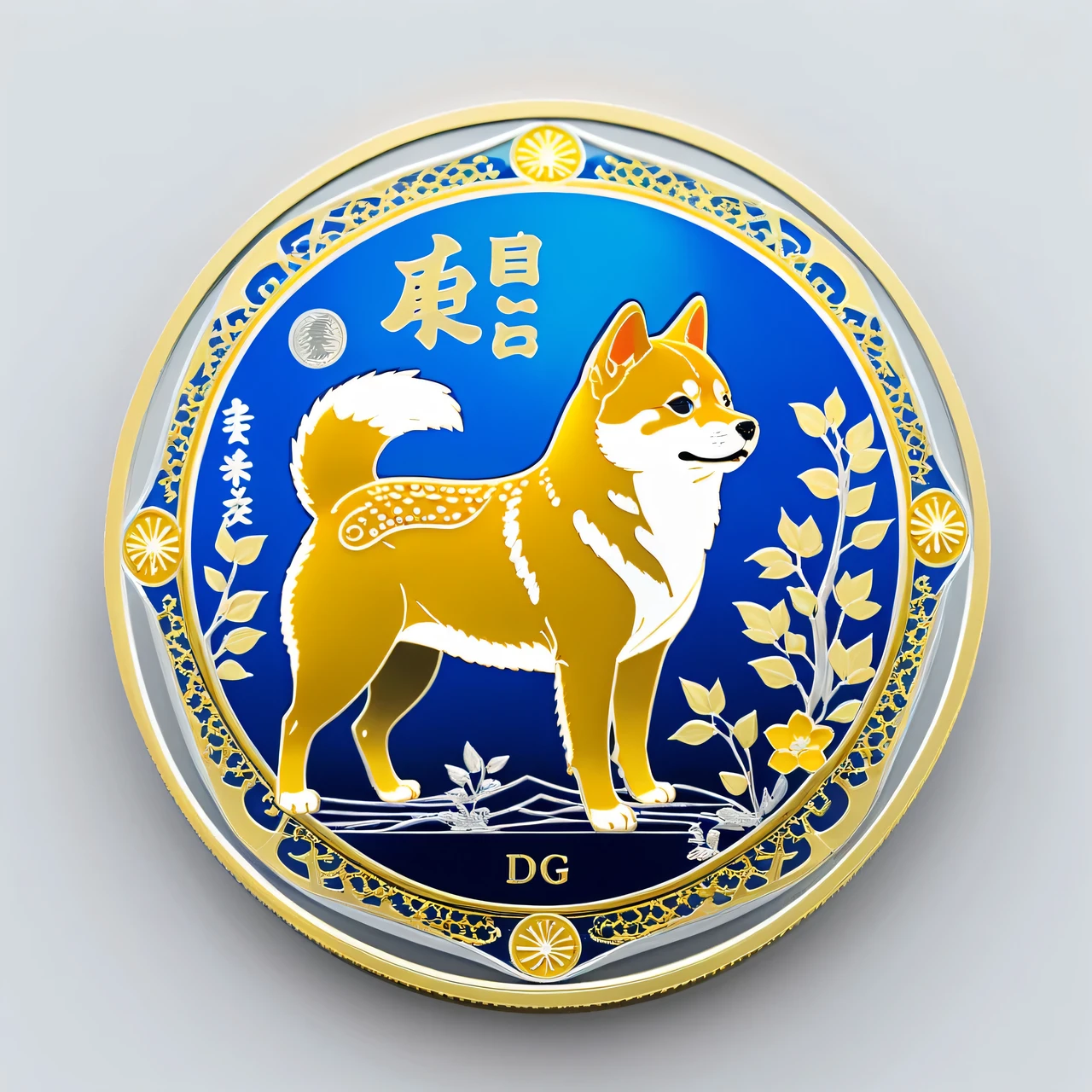 Design of a colored metal coin, come up with a design of a metal coin for DOGE COINS with the image of A Shiba Inu and the attributes of fictional money, the inscription "1 DOGE COIN" and "DOGGY BANK", intricate, detailed, complex, fine work, filigree, show the front and back view, depict it as a technical sheet with the concept of the coin
