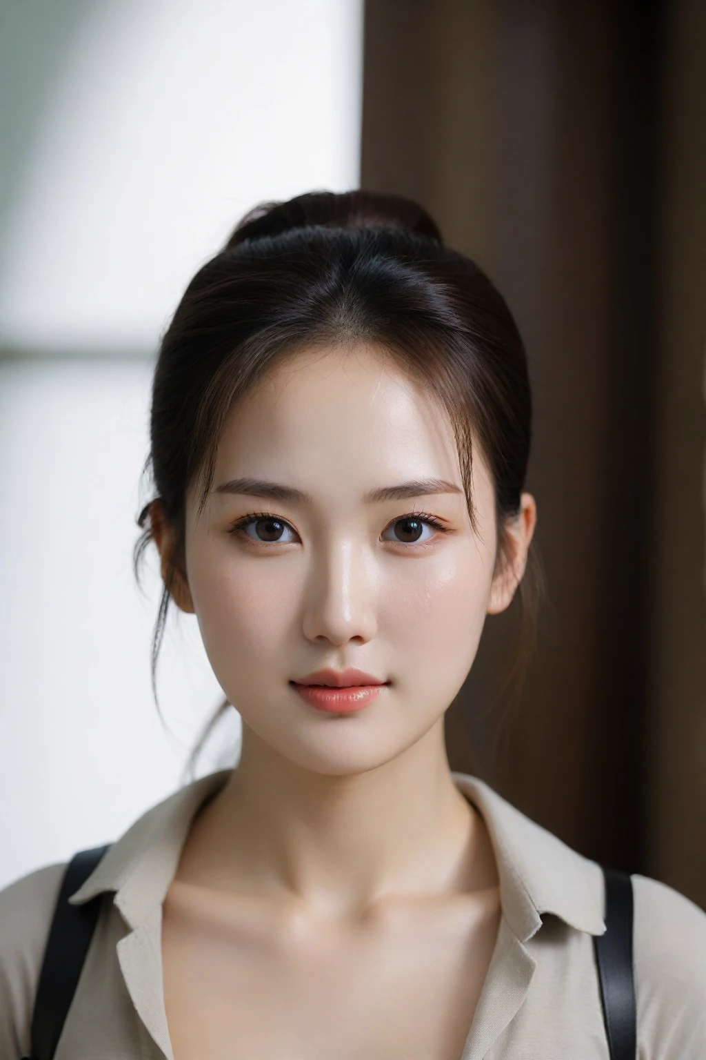 beautiful korean female, 44 inch breasts size, high ponytail ,Round face, smooth white skin, 18 years old, slightly smile, wearing Lara Croft , UHD