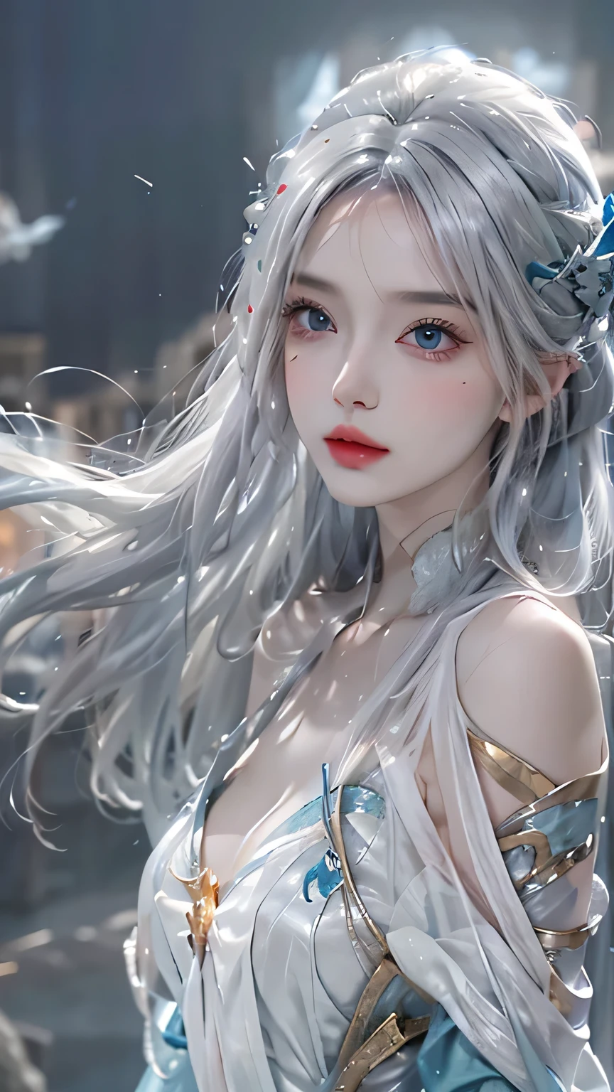 (((Full body view,1st from the bottom.3)))、Night scene,stella,（White Hair Girl:1.5）,（（masterpiece））、（detailed：1.4）、angle from above、（Backlight）(A fantastic atmosphere、Ancient Capital、Fantastic beauty images,One Woman、White Dust、Light Danceysterious atmosphere、Suspended particles), (Black Dress、long dress with sleeves、Shoulders exposed、Off the shoulder)、（Gray hair that changes with light、Long, lustrous white hair、white hair fluttering in the wind、Beautiful bangs:1.3）、（Beautiful white and shining skin、Cheek gloss highlight、Sexy and very beautiful and adorable face、The most beautiful face in the world、Big, sparkling blue eyes）、（A cute 25 year old girl、Ample breasts、Great cleavage small waist、delicate shoulders、Perfect figure）、Costumed woman on stage、Whole body xylose, Beautiful Celestial Magician, A surprisingly young and mysterious person, Beautiful fantasy queen, Astral Witch Outfit, Shashi, Flowing magical robes, Hanfu Swing, Fantastic fantasy, elegant and charming cosplay
