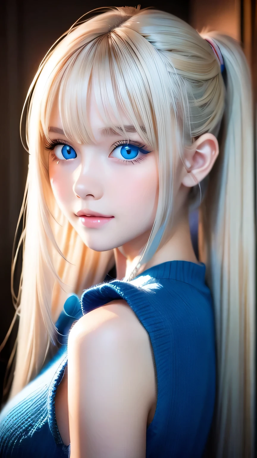Extraordinary sexy beauty、Beautiful, A kind and bright expression、Sexy and refreshing look、Perfect beautiful pretty face、Super long ponytail、bangs over eyes、Hair on the face、Super long, natural platinum blonde straight hair with a mysterious shine、Beautiful facial hair、Very cute beautiful sexy young little woman、So perfect and beautiful, pretty face、Big Breasts, Very beautiful, bright blue eyes,、Very white, youthful and bright skin、Small Face Beauty、Round face