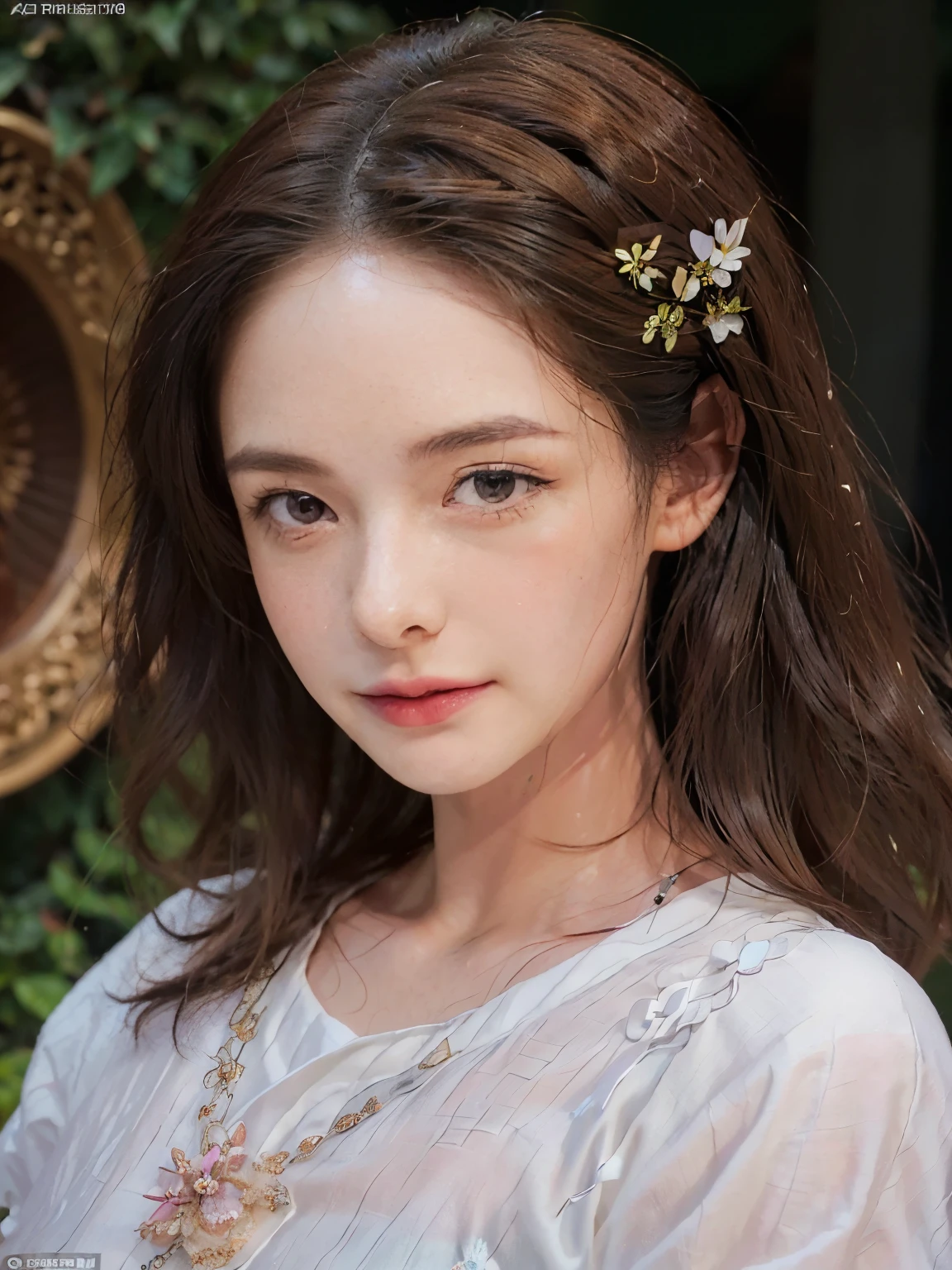 Close-up of woman with flowers in her hair, beautiful south korean women,หญิงKorean girlที่งดงาม, Korean girl, ใบหน้าKorean girlที่น่ารัก, blue thai dress, Thai temple