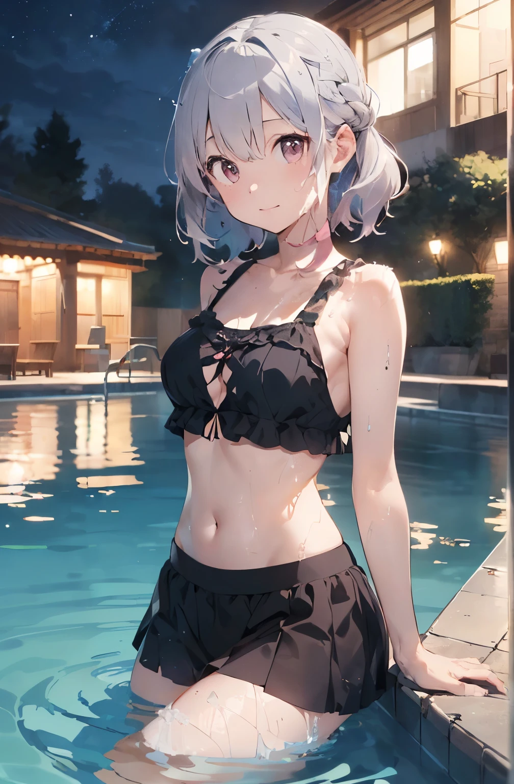 High resolution、A silver-haired girl drawn in the style of Japanese anime、Person sitting on a swim ring in an empty resort night pool々situation。(pinkの水着(､彼女は魅力的なpinkのビキニを着ています.、(pinkの水着)､The pool is beautifully lit、The surroundings are quiet and relaxing.､
(Masterpiece 1.5),super high quality, Very detailed,Perfect drawing,NFSW、beautiful woman、beautiful, Glowing Skin、A kind smile、beautiful black hair、Braiding、(((beautifulpinkの水着)))、(((pink、pinkの水着))),3D、16K Illustrations、((Clear Face))、High resolution、Nice background、beautiful background、Spotlight、Vibrant colors、(((Detail View)))、Perfect beauty,beautiful指,beautiful手,Points First,nail,Place your arms behind your back,Wakame seaweed、Wakame seaweed、Wakame seaweed、Wakame seaweed、Wakame seaweed、Wakame seaweed、Wakame seaweed、