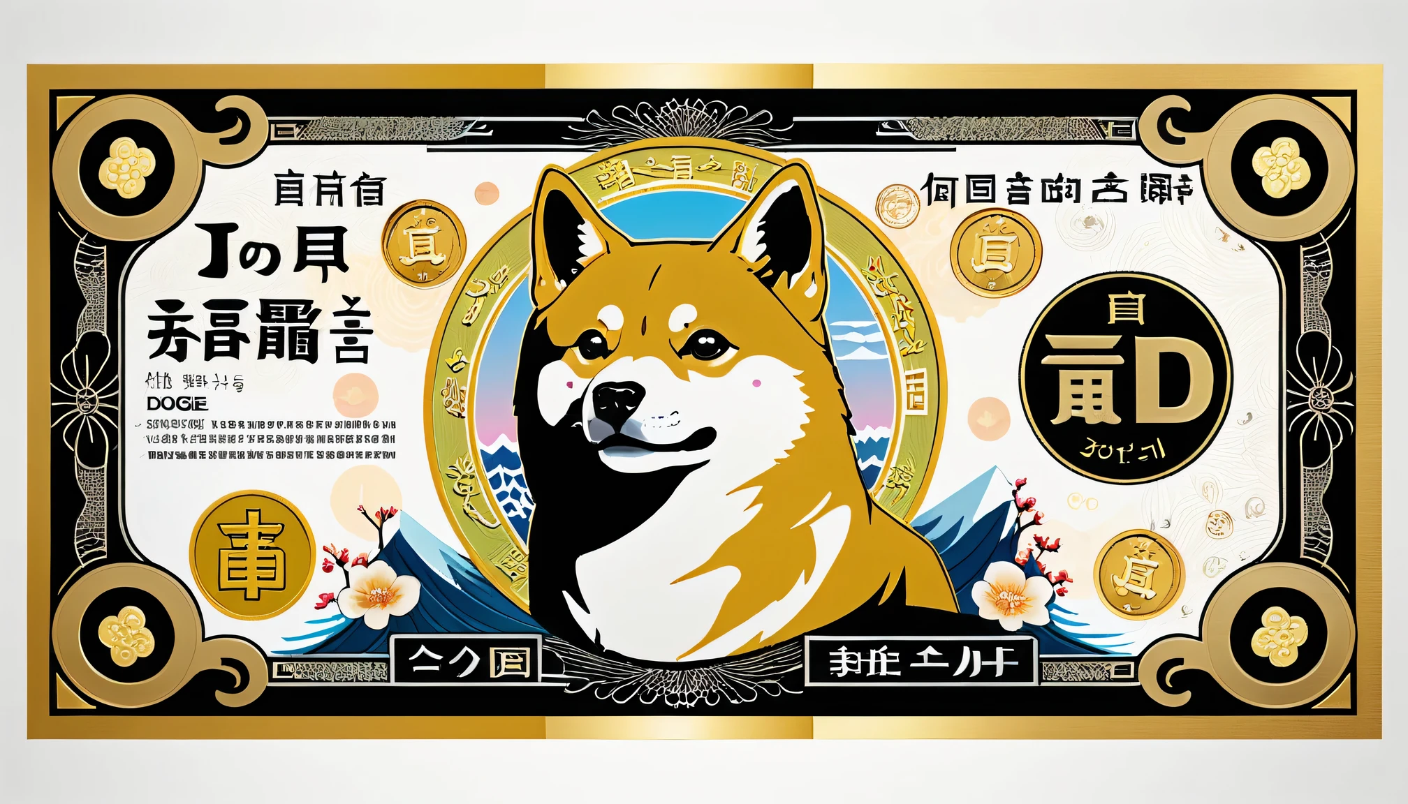 Design of a paper bill, come up with a design of a paper bill for DOGE COINS with the image of A Shiba Inu and the attributes of fictional money, the inscription "1 DOGE COIN" and "DOGGY BANK", intricate, detailed, complex, fine work, filigree