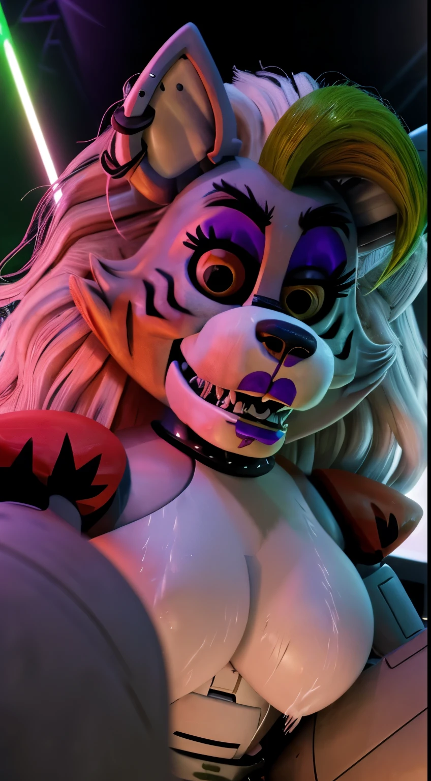 Solo, furry, animatronic, roxanne, fnafroxanne, wolf, mechanical, close up, POV selfie, furious, ???????, (sweating:1.3), female, makeup, FNAF, animatronic, massive ???????, (low angle camera, ?????? focus)