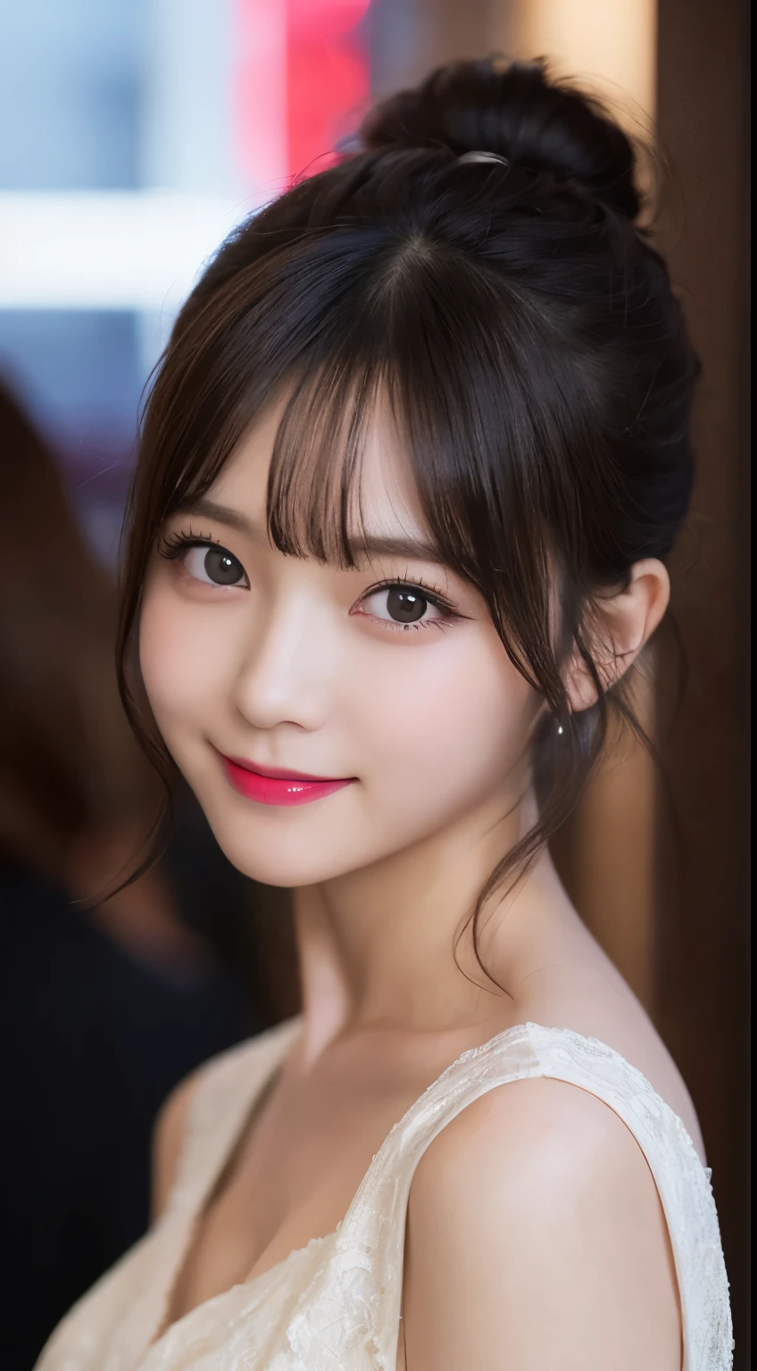 Tabletop, highest quality, shape, Very detailed, finely, High resolution, 8k wallpaper, 完璧なダイナミックな構shape, Beautiful and detailed,ランダムなcute髪,,Natural color lip, Bold sexy pose,smile、20-year-old girl、cute、Looking at the camera,Always blur the background,Perfect and beautiful face,Slim face and figure,Big eyes、Putting on gal makeup,Small face,Shooting from below、smile,Blurred Background,Elegant feminine face、Cyberpunk Fashion、smile