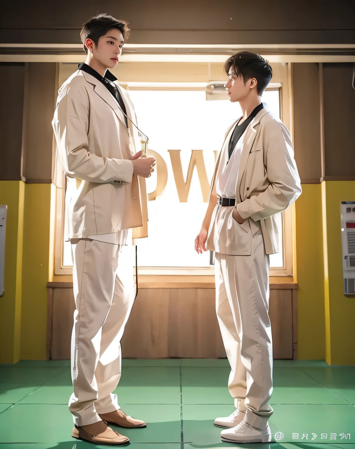 masterpiece, best quality, solo, 1boy, short hair, beige shirt, black pants, Black shoe, Posing, realistic, male focus, brow hair, black eyes, Full body, lips, studio