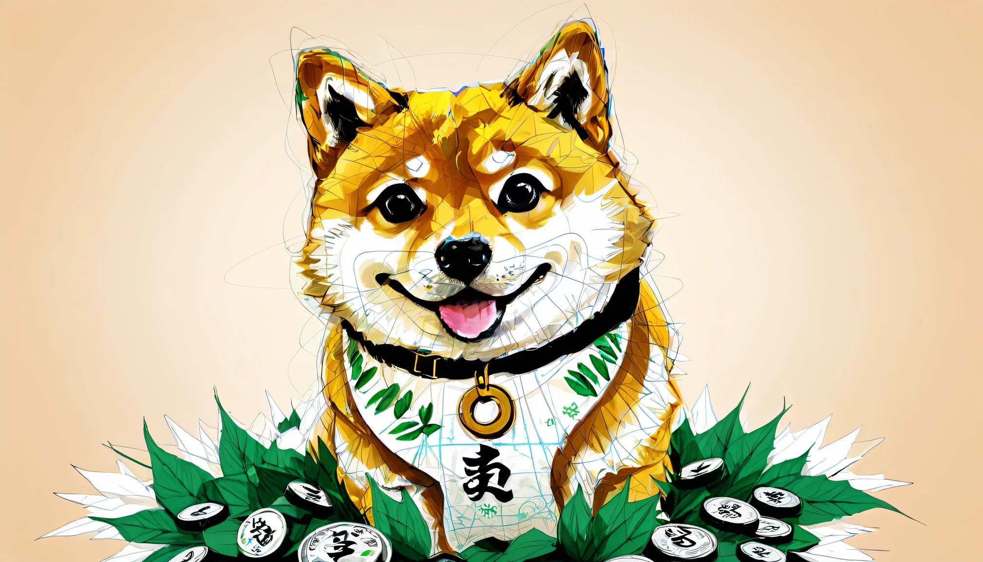 Design of a paper bill, come up with a design of a paper bill for DOGE COINS with the image of A Shiba Inu and the attributes of fictional money, the inscription "1 DOGE COIN" and "DOGGY BANK", intricate, detailed, complex, fine work, filigree