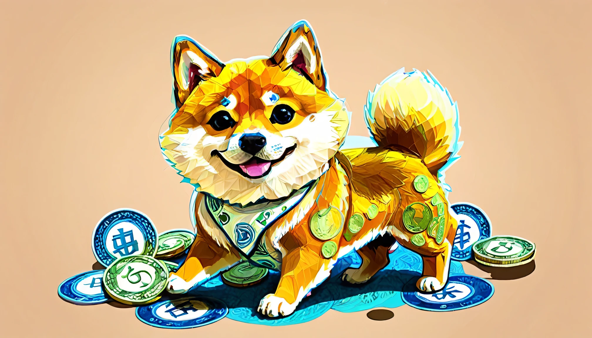 Design of a paper bill, come up with a design of a paper bill for DOGE COINS with the image of A Shiba Inu and the attributes of fictional money, the inscription "1 DOGE COIN" and "DOGGY BANK", intricate, detailed, complex, fine work, filigree