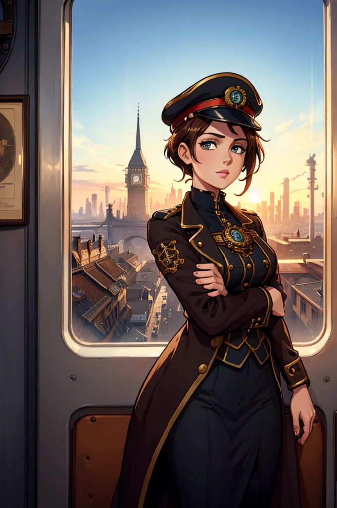 titanic reimagined as a 26 year old steampunk capitaine girl aborde a train overlooking a steampunk town