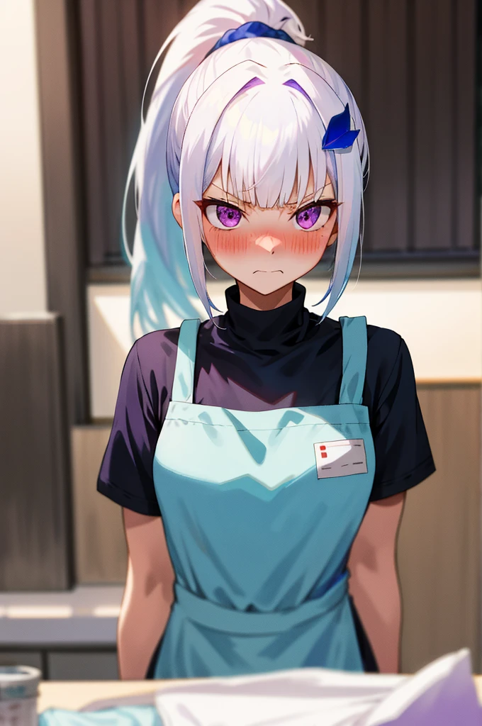 One girl with high ponytail hair, bangs, white hair, blue inner hair:1.25) , purple eyes, blushing, embarrassed, serious expression, indoor, t shirt, thigh, apron, mid-chest, day atmosphere, hair ornament, medium breasts, upper body, focus, blurry background