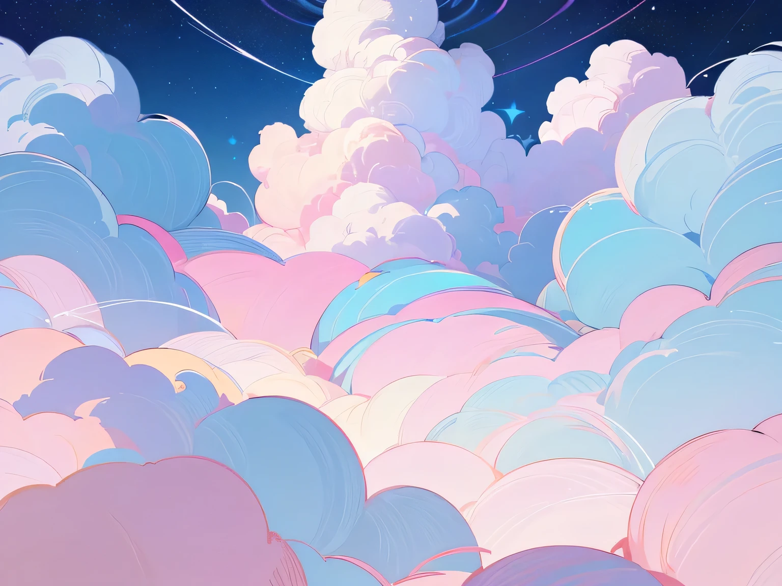 (((Best quality))), background wallpaper, Fantastic room with cats with a bunch of clouds in white, blue and pink flowers. many fantastic clouds, stars are visible, no people. many cute cats, there are characteristic curls in the clouds. many lines in the clouds themselves, Few details. pastel colors.
