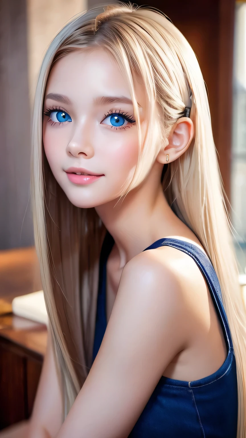 Extraordinary sexy beauty、Beautiful, A kind and bright expression、Sexy and refreshing look、Perfect beautiful pretty face、Super long ponytail、bangs over eyes、Hair on the face、Super long, natural platinum blonde straight hair with a mysterious shine、Beautiful facial hair、Very cute beautiful sexy young little woman、So perfect and beautiful, pretty face、Big Breasts, Very beautiful, bright blue eyes,、Very white, youthful and bright skin、Small Face Beauty、Round face