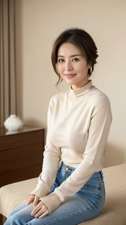 Highest quality, High resolution, realism, Original photo, 8k wallpaper, Perfect perfection, Professional Lighting, Very detailed, beautiful woman with depth of field)), Front view、A photo showing the crotch to the head、((A 40-year-old neat and tidy female teacher)), ((Decent receptionist)), ((Smiling at the audience)), Detailed face, Beautiful Eyes, beautiful medium-sized breasts、Wide ass、Good style, (Sexy look), Her very light brown hair was pulled back in a bun on her head., (Thick lips), Grey Chanel-style uniform、((Wearing a blue scarf))、