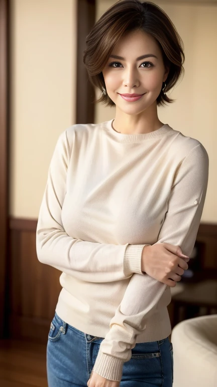 (highest quality,8k,masterpiece),
日本人Mature Woman,40 years,Mature Woman,Pure white skin, Tabletop、Top view from chest、
Full breasts、 ((Beige crew neck knit))、Light blue denim pants、Random hairstyle、
,A gentle smile、A gaze that seduces viewers、Living room at home、