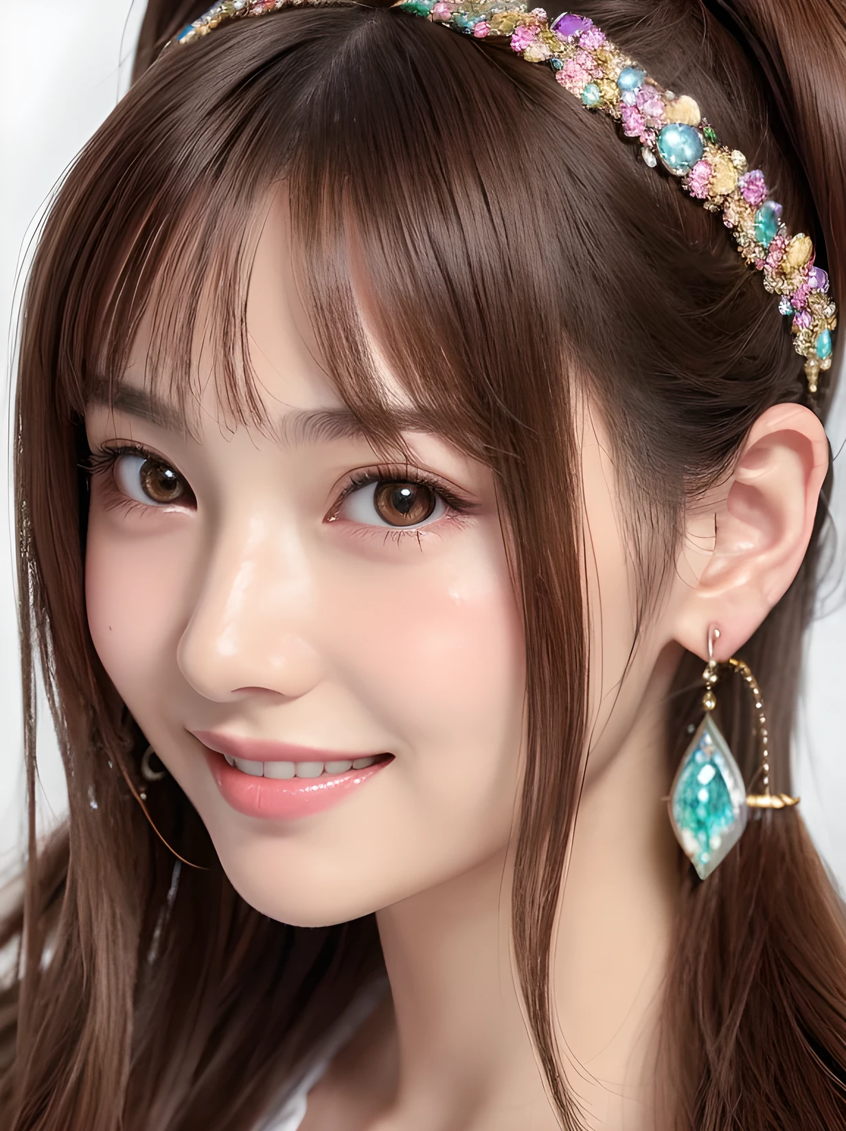(Tabletop:1.3), High resolution, Ultra-detailed, Highly detailed CG Unity 8k wallpaper, Realistic, Photorealistic, RAW Photos, Beautifully detailed face, Pale skin, Realistic glitter skin, Detailed cloth texture, Detailed hair texture, Beautiful Face, Acura, Anatomically correct, Highly detailed face and skin texture, Natural neck length, (Fair skin:1.2), solo、Brown Hair、⦅Bunny Twin Tails⦆、Swept-apart bangs、Japanese women, 18-year-old、Detailed eyes,,Harajuku、Cute realistic pictures((Smile 1.6⦆、Close-up face