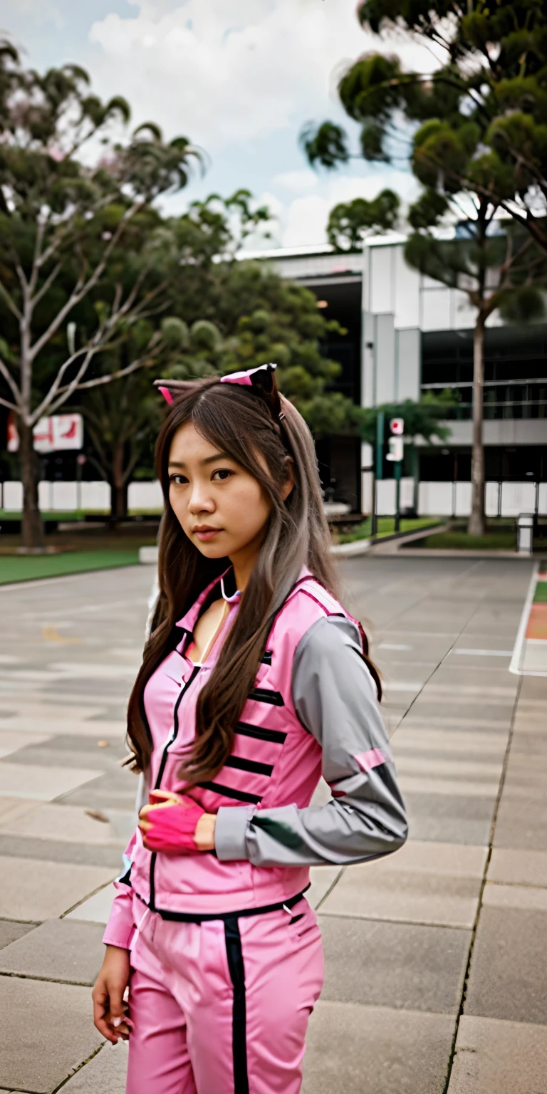 Solo girl, catgirl, pink suit, grey long hair, Asian, 4K, realistic, at Griffith University