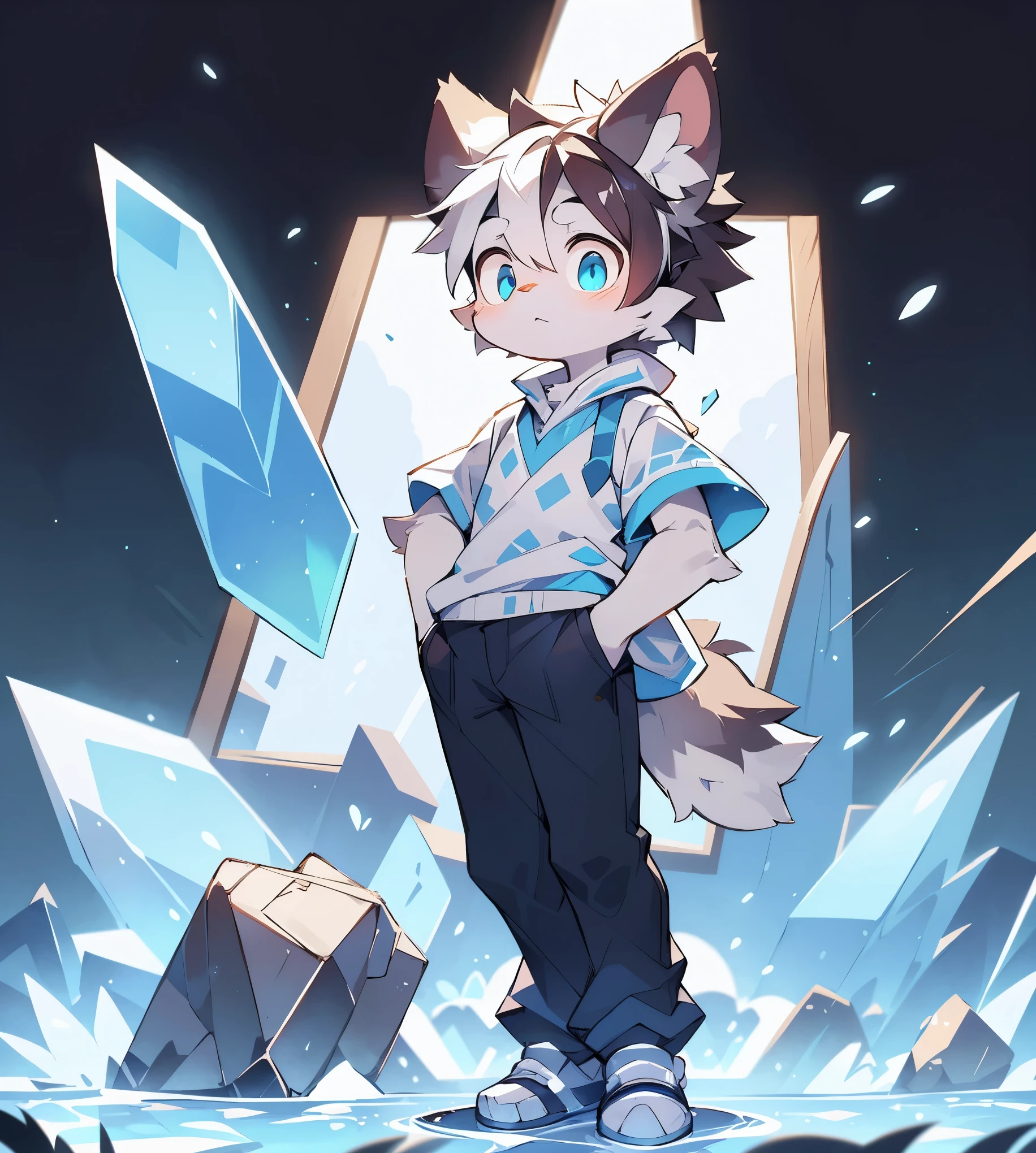 Bright Eyes, panoramic, Character Focus Solo, Fluffy little wolf, Male gray fur, There is a black hair on the left ear,Blue eyes, White hair (long), Wearing a blue shirt and grey trousers, Casual clothing, Young Style, Height 1.6 meters, Handsome, Has a tail, Hands in pockets, A glowing blue translucent ice crystal is suspended in front of you, Standing。black background。Beautiful mandarin wind。