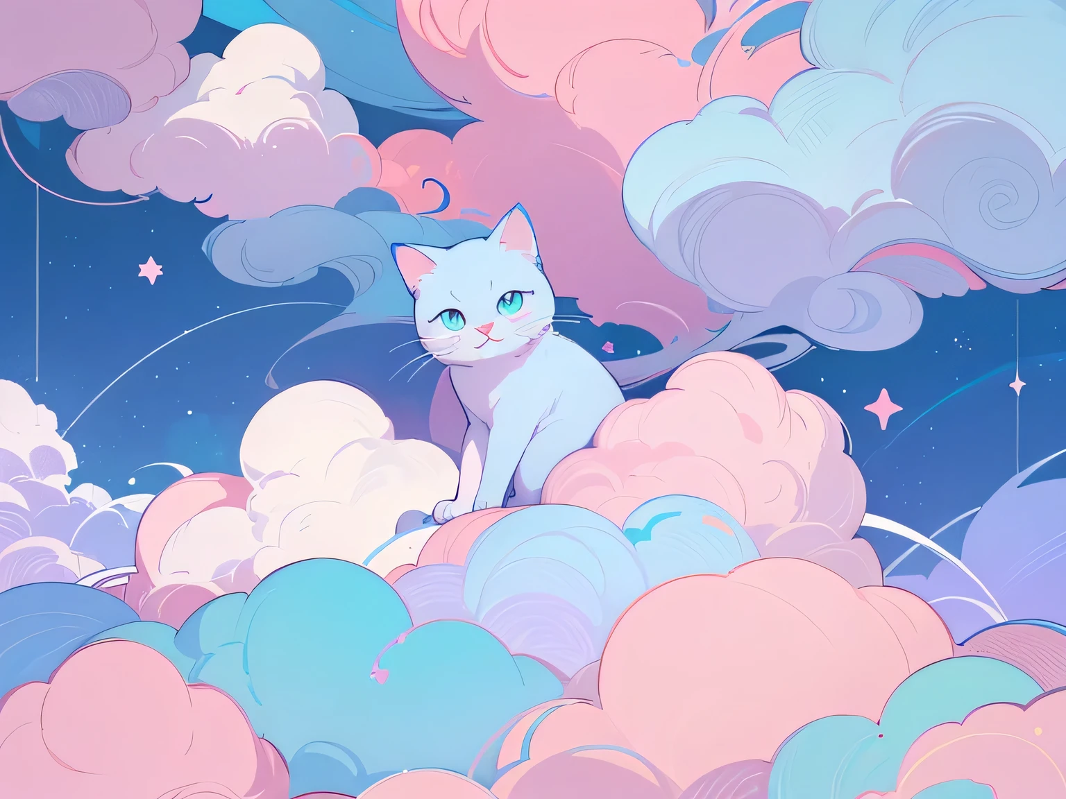 (((Best quality))), background wallpaper, Fantastic room with cats with a bunch of clouds in white, blue and pink flowers. many fantastic clouds, stars are visible, no people. many cute cats, there are characteristic curls in the clouds. many lines in the clouds themselves, Few details. pastel colors. many cats. big cats